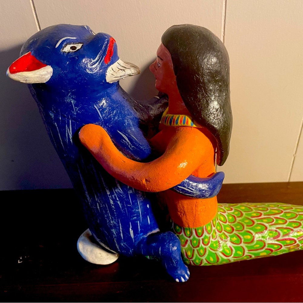 Mexican Mermaid with Cat Sculpture